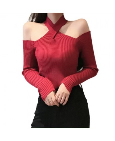 INS New Women Long Sleeve Twist Neckline Knitted Ribbed Pull Sexy Sweater Cold Shoulder Off Top Femme Pullover Clothes Jersey...