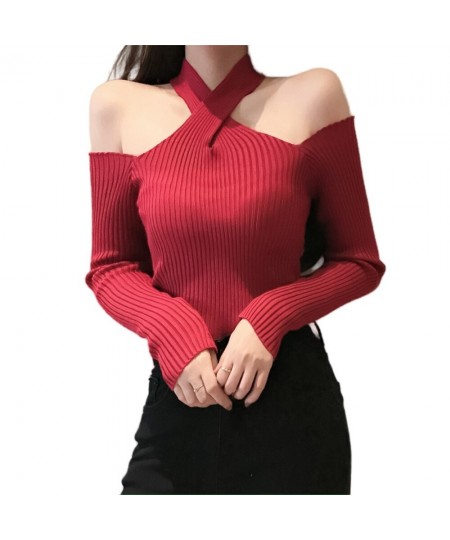 INS New Women Long Sleeve Twist Neckline Knitted Ribbed Pull Sexy Sweater Cold Shoulder Off Top Femme Pullover Clothes Jersey...