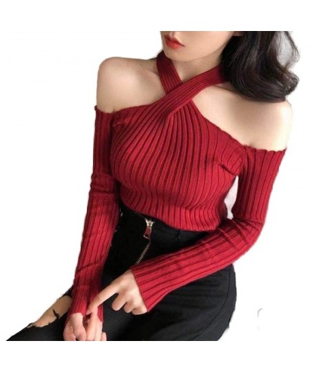 INS New Women Long Sleeve Twist Neckline Knitted Ribbed Pull Sexy Sweater Cold Shoulder Off Top Femme Pullover Clothes Jersey...