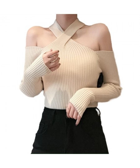 INS New Women Long Sleeve Twist Neckline Knitted Ribbed Pull Sexy Sweater Cold Shoulder Off Top Femme Pullover Clothes Jersey...