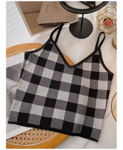 2022 NEW Summer Women Camis Plaid Cute Tops Plain Knitted Crop Tops For Women Tops Sleeveless Vest $17.26 - Tops & Tees