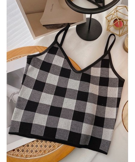 2022 NEW Summer Women Camis Plaid Cute Tops Plain Knitted Crop Tops For Women Tops Sleeveless Vest $17.26 - Tops & Tees