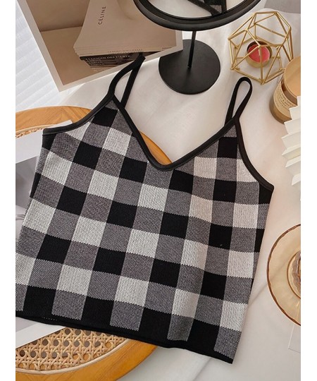 2022 NEW Summer Women Camis Plaid Cute Tops Plain Knitted Crop Tops For Women Tops Sleeveless Vest $17.26 - Tops & Tees