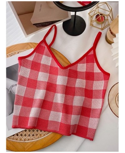 2022 NEW Summer Women Camis Plaid Cute Tops Plain Knitted Crop Tops For Women Tops Sleeveless Vest $17.26 - Tops & Tees