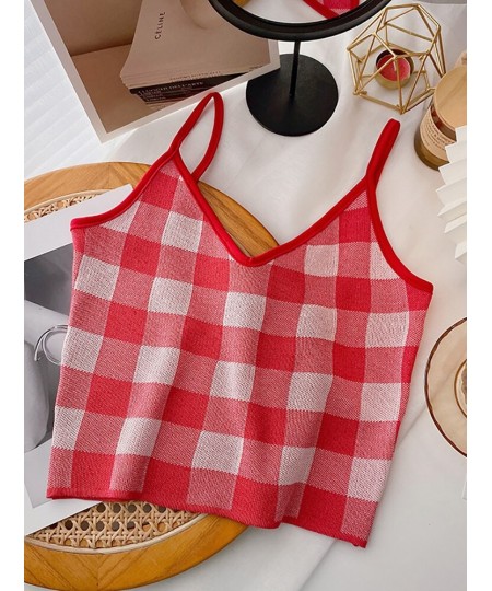 2022 NEW Summer Women Camis Plaid Cute Tops Plain Knitted Crop Tops For Women Tops Sleeveless Vest $17.26 - Tops & Tees