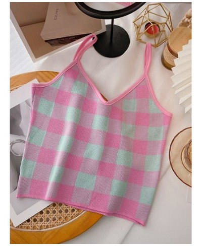 2022 NEW Summer Women Camis Plaid Cute Tops Plain Knitted Crop Tops For Women Tops Sleeveless Vest $17.26 - Tops & Tees