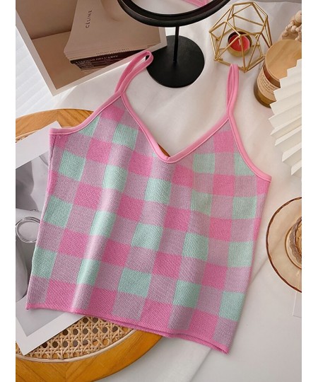 2022 NEW Summer Women Camis Plaid Cute Tops Plain Knitted Crop Tops For Women Tops Sleeveless Vest $17.26 - Tops & Tees