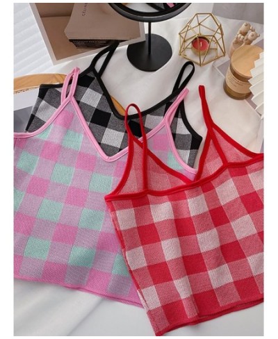 2022 NEW Summer Women Camis Plaid Cute Tops Plain Knitted Crop Tops For Women Tops Sleeveless Vest $17.26 - Tops & Tees