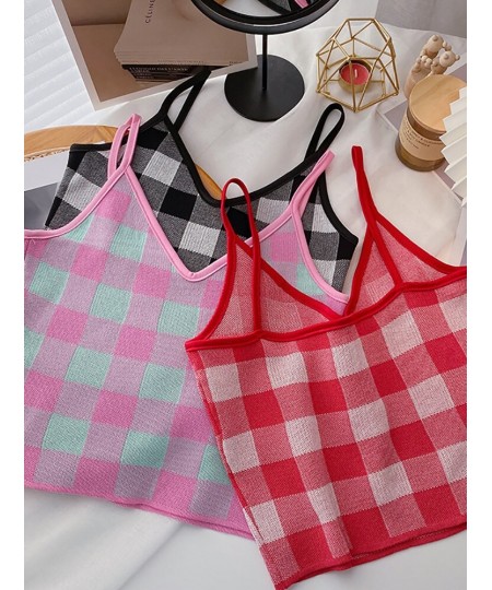 2022 NEW Summer Women Camis Plaid Cute Tops Plain Knitted Crop Tops For Women Tops Sleeveless Vest $17.26 - Tops & Tees