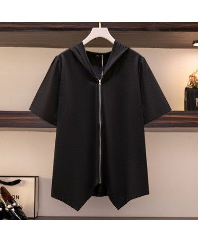 150Kg Plus Size Women's Summer Western Style Irregular Hooded Top Bust 149 Loose Short-Sleeved T-Shirt Black 5XL 6XL 7XL 8XL ...