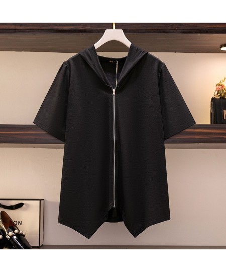 150Kg Plus Size Women's Summer Western Style Irregular Hooded Top Bust 149 Loose Short-Sleeved T-Shirt Black 5XL 6XL 7XL 8XL ...