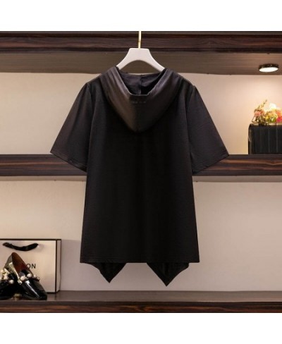 150Kg Plus Size Women's Summer Western Style Irregular Hooded Top Bust 149 Loose Short-Sleeved T-Shirt Black 5XL 6XL 7XL 8XL ...