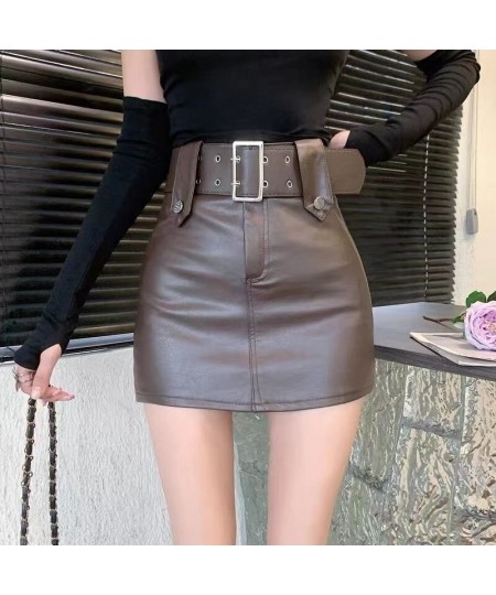 2023 New Winter Women’s Sexy PU Faux Leather Skirt Short Skinny High Waist Bodycon Skirts With Belt $34.01 - Skirts