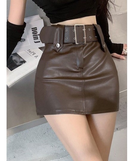 2023 New Winter Women’s Sexy PU Faux Leather Skirt Short Skinny High Waist Bodycon Skirts With Belt $34.01 - Skirts