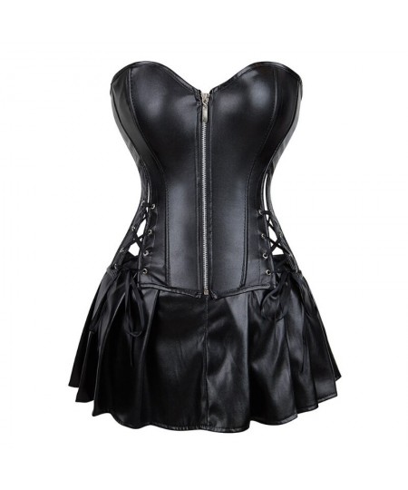 Women's Faux Leather Zipper Front Boned Bustier Corset Dress Corsets Top With Skirt For Party Faux Leather SteampunkS-6XL $42...