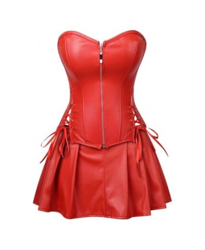 Women's Faux Leather Zipper Front Boned Bustier Corset Dress Corsets Top With Skirt For Party Faux Leather SteampunkS-6XL $42...