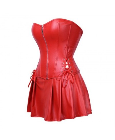 Women's Faux Leather Zipper Front Boned Bustier Corset Dress Corsets Top With Skirt For Party Faux Leather SteampunkS-6XL $42...