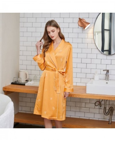 Ladies Cool Smooth Silk Imitation Silk Gown Lace-up Print Bathrobe European American Fashion High-quality Soft Nightwear Dres...