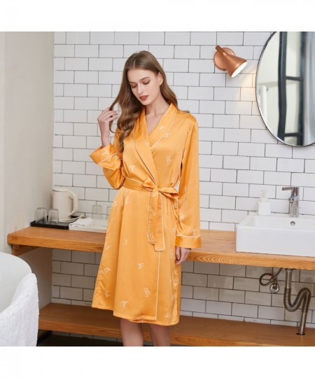 Ladies Cool Smooth Silk Imitation Silk Gown Lace-up Print Bathrobe European American Fashion High-quality Soft Nightwear Dres...