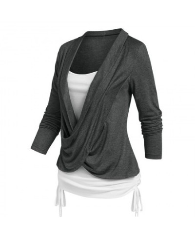 Crossover Cinched Heathered Faux Twinset T-shirt Women Tee T Shirt Long Sleeve 2 In 1 T-Shirts $58.69 - Tops & Tees