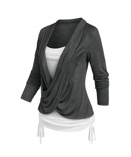 Crossover Cinched Heathered Faux Twinset T-shirt Women Tee T Shirt Long Sleeve 2 In 1 T-Shirts $58.69 - Tops & Tees