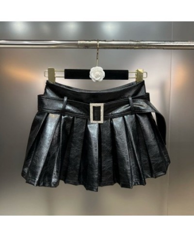 2022 Winter High Waist Diamonds Buckle Belt Black Pu Short Pleated Skirt Women GH116 $56.39 - Skirts