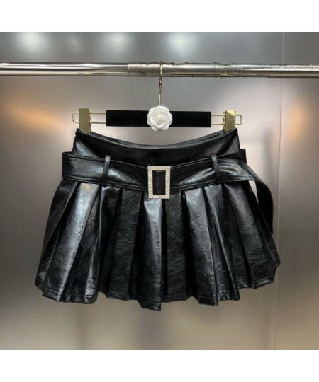 2022 Winter High Waist Diamonds Buckle Belt Black Pu Short Pleated Skirt Women GH116 $56.39 - Skirts