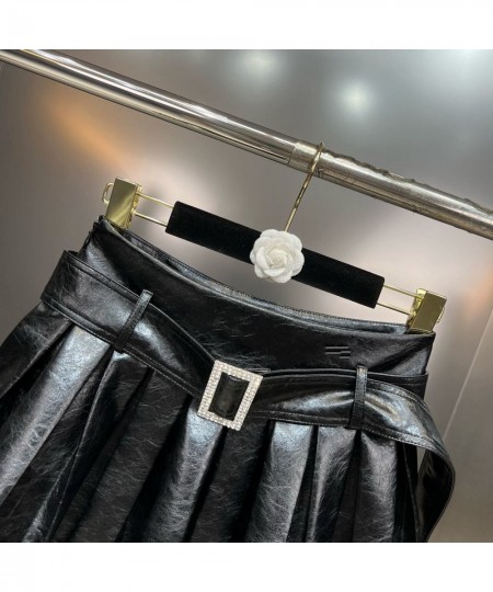 2022 Winter High Waist Diamonds Buckle Belt Black Pu Short Pleated Skirt Women GH116 $56.39 - Skirts