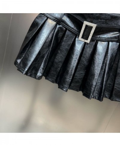 2022 Winter High Waist Diamonds Buckle Belt Black Pu Short Pleated Skirt Women GH116 $56.39 - Skirts