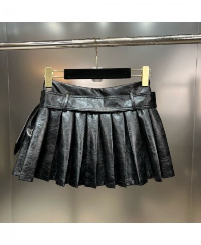 2022 Winter High Waist Diamonds Buckle Belt Black Pu Short Pleated Skirt Women GH116 $56.39 - Skirts