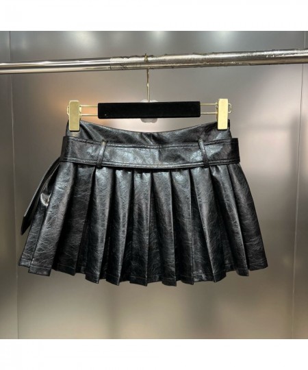 2022 Winter High Waist Diamonds Buckle Belt Black Pu Short Pleated Skirt Women GH116 $56.39 - Skirts