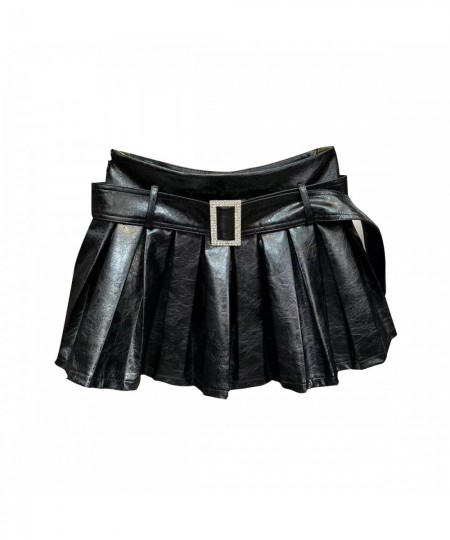 2022 Winter High Waist Diamonds Buckle Belt Black Pu Short Pleated Skirt Women GH116 $56.39 - Skirts