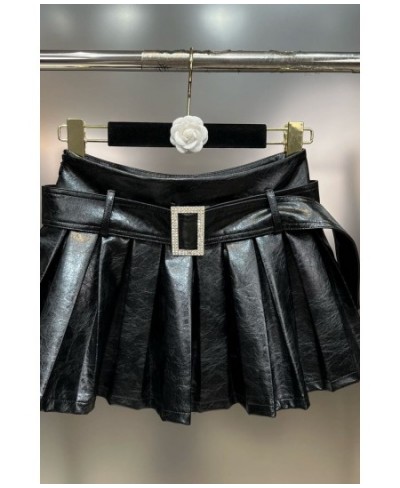 2022 Winter High Waist Diamonds Buckle Belt Black Pu Short Pleated Skirt Women GH116 $56.39 - Skirts