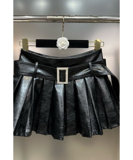 2022 Winter High Waist Diamonds Buckle Belt Black Pu Short Pleated Skirt Women GH116 $56.39 - Skirts