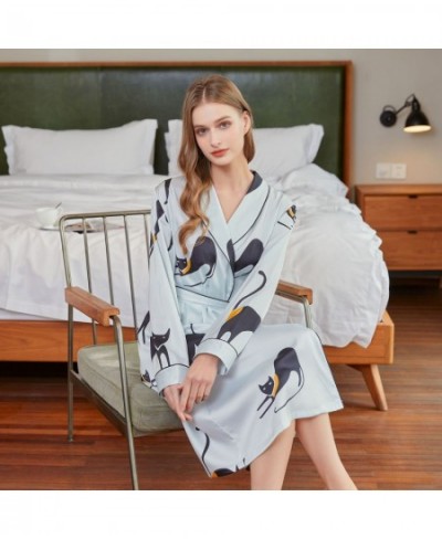 Ladies Cool Smooth Silk Imitation Silk Gown Lace-up Print Bathrobe European American Fashion High-quality Soft Nightwear Dres...