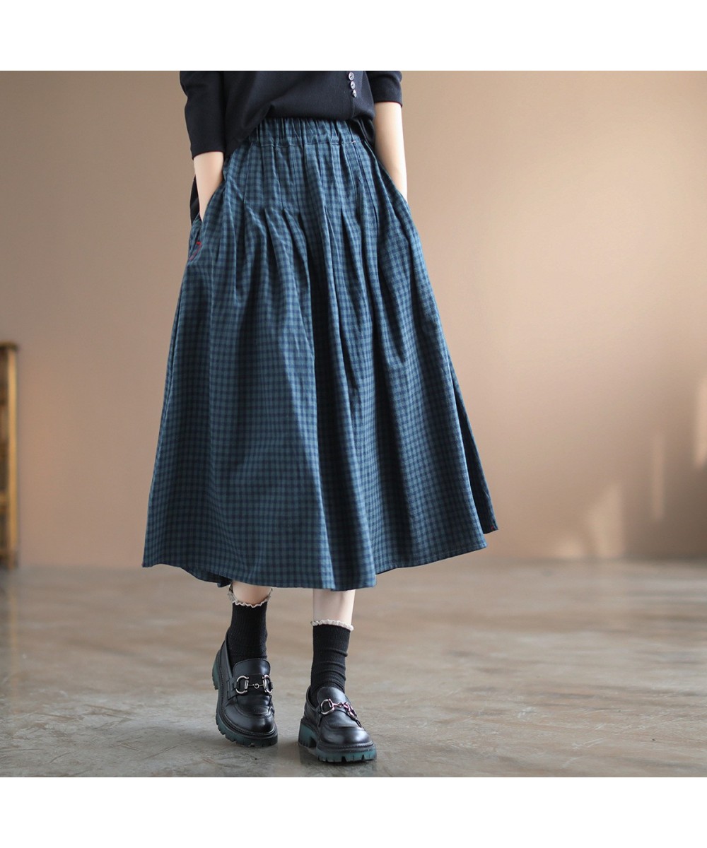 Elegant Office Vintage Skirts Women Autumn Elastic High Waist A-Line Pleated Skirts Women Cotton Linen Plaid Maxi Skirts FC35...