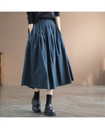 Elegant Office Vintage Skirts Women Autumn Elastic High Waist A-Line Pleated Skirts Women Cotton Linen Plaid Maxi Skirts FC35...