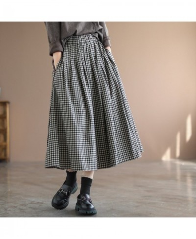 Elegant Office Vintage Skirts Women Autumn Elastic High Waist A-Line Pleated Skirts Women Cotton Linen Plaid Maxi Skirts FC35...