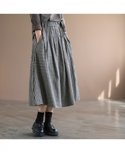 Elegant Office Vintage Skirts Women Autumn Elastic High Waist A-Line Pleated Skirts Women Cotton Linen Plaid Maxi Skirts FC35...