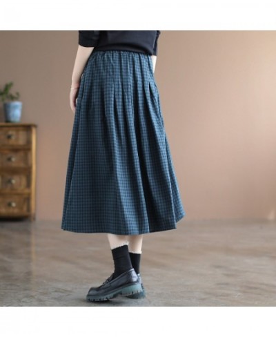 Elegant Office Vintage Skirts Women Autumn Elastic High Waist A-Line Pleated Skirts Women Cotton Linen Plaid Maxi Skirts FC35...