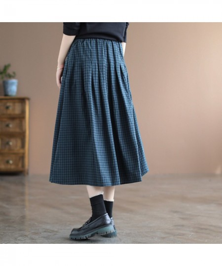 Elegant Office Vintage Skirts Women Autumn Elastic High Waist A-Line Pleated Skirts Women Cotton Linen Plaid Maxi Skirts FC35...