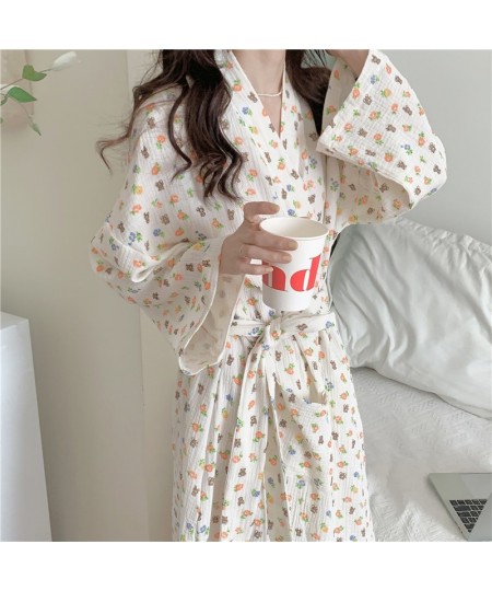 Cartoon Bear Autumn Nightgown Women Lace Up Kimono Night Dress Japanese Kawaii Cotton Flowers Print Long Sleepwear Sweet $41....