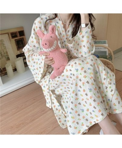 Cartoon Bear Autumn Nightgown Women Lace Up Kimono Night Dress Japanese Kawaii Cotton Flowers Print Long Sleepwear Sweet $41....