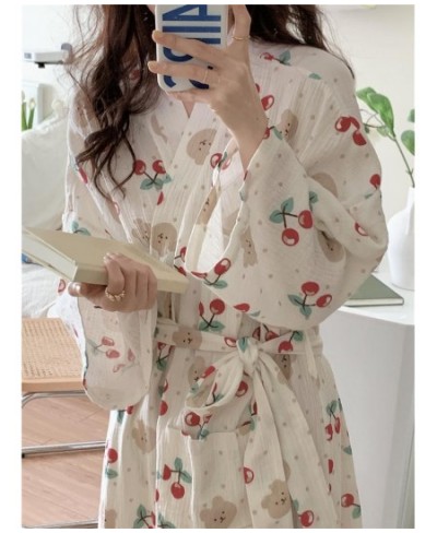 Cartoon Bear Autumn Nightgown Women Lace Up Kimono Night Dress Japanese Kawaii Cotton Flowers Print Long Sleepwear Sweet $41....