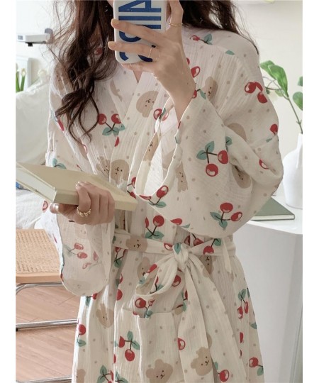 Cartoon Bear Autumn Nightgown Women Lace Up Kimono Night Dress Japanese Kawaii Cotton Flowers Print Long Sleepwear Sweet $41....