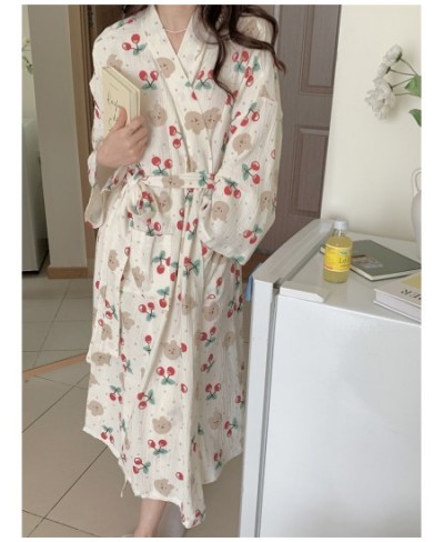 Cartoon Bear Autumn Nightgown Women Lace Up Kimono Night Dress Japanese Kawaii Cotton Flowers Print Long Sleepwear Sweet $41....