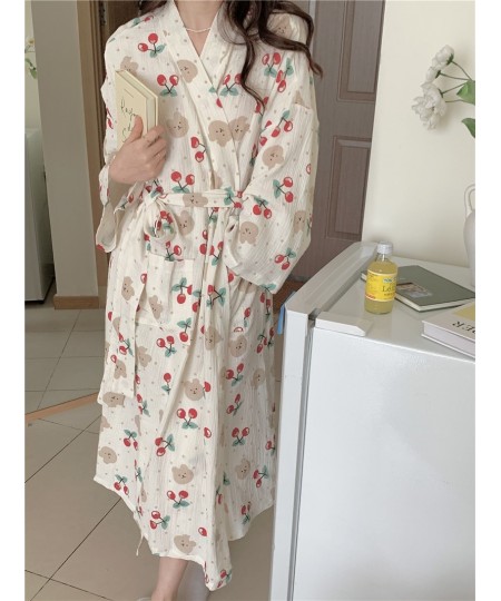 Cartoon Bear Autumn Nightgown Women Lace Up Kimono Night Dress Japanese Kawaii Cotton Flowers Print Long Sleepwear Sweet $41....