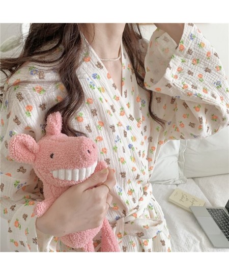 Cartoon Bear Autumn Nightgown Women Lace Up Kimono Night Dress Japanese Kawaii Cotton Flowers Print Long Sleepwear Sweet $41....