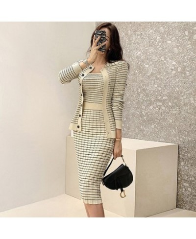 Korean Knitting 3 Pieces Set Women Knitted Sling + Cardigan and Pencil Skirts Casual Simple Office Lady Skirt Suit $63.64 - S...