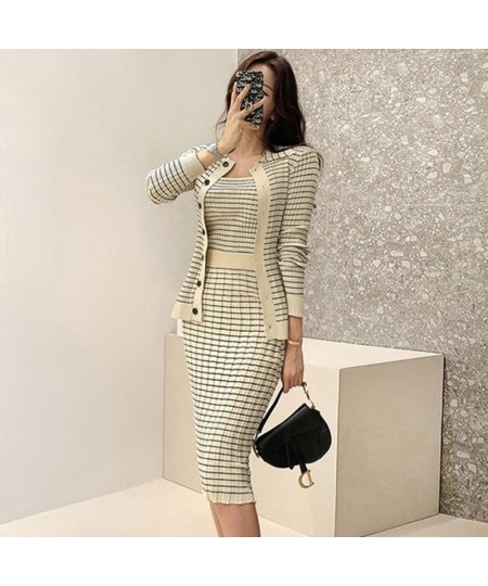 Korean Knitting 3 Pieces Set Women Knitted Sling + Cardigan and Pencil Skirts Casual Simple Office Lady Skirt Suit $63.64 - S...